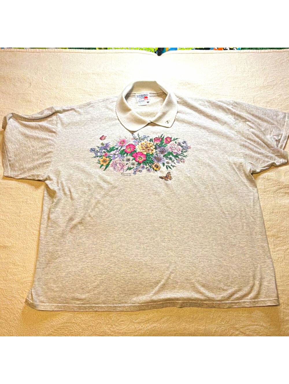 Morning Sun 3XL Big & Tall Relaxed Beige Floral Butterfly SS Collared Polo